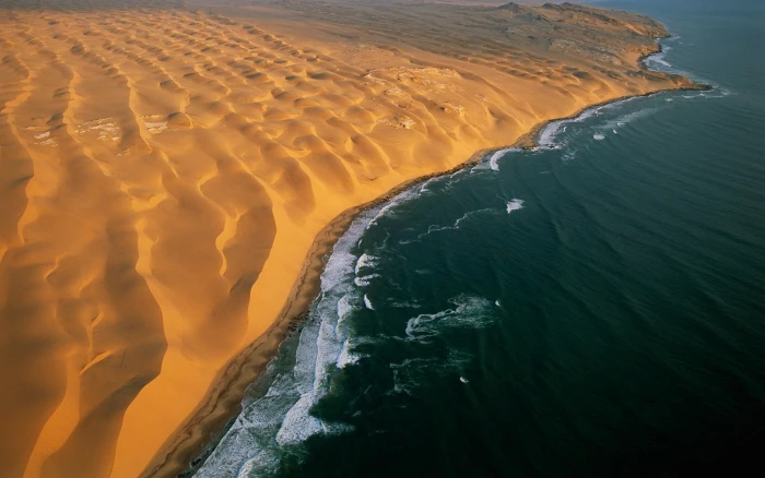 body of water desert Namibia coast beach dune sea aerial view 2k