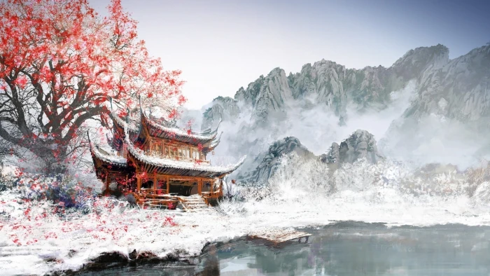 brown temple illustration pagoda under red cherry blossom near body of water painting 2k