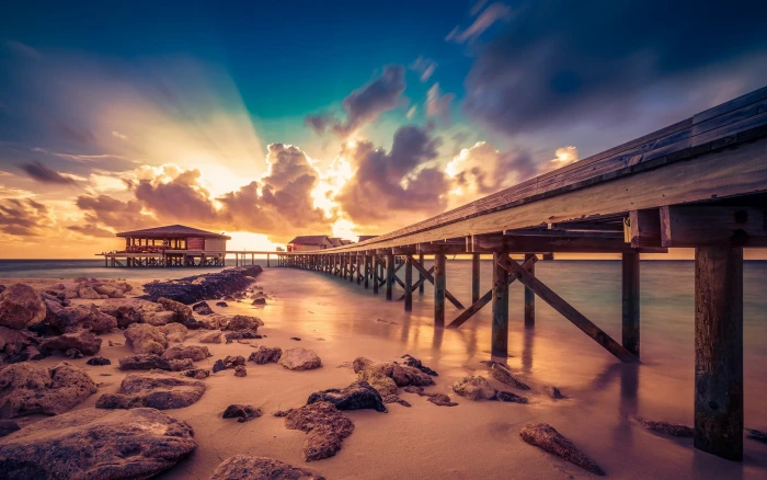 brown wooden pathwalk nature landscape Maldives sunset resort 2k
