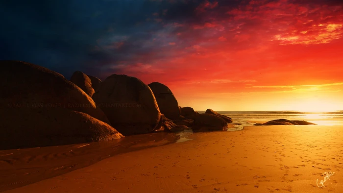brown rock formation near ocean water during orange sunset beach 2k