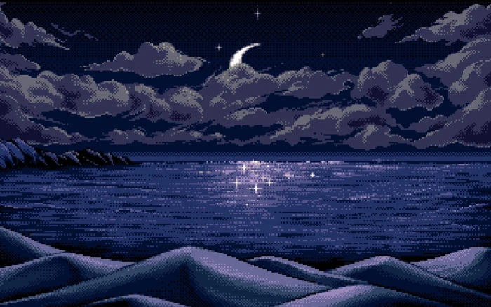 digital art pixel pixels moon horizon blue reflection nature sea clouds hills mountains night stars landscape 2k