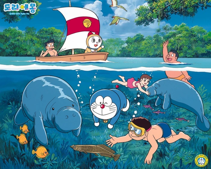Doraemon digital wallpaper Anime sea illustration child nature