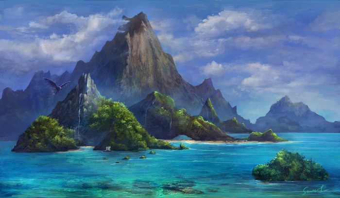 fantasy art island artwork nature dragon 2k