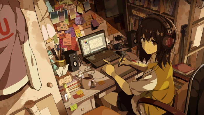 female anime character sitting on chair near laptop computer wallpaper 2k