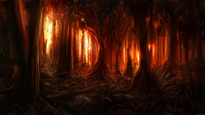 forest wildfire painting digital art nature trees burning 2k