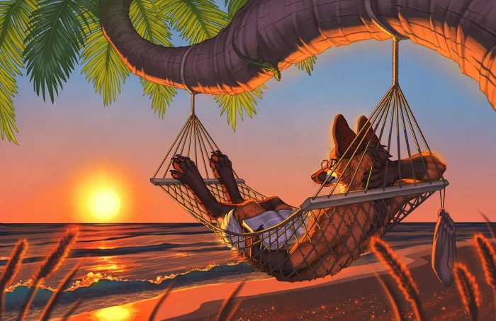 furry Anthro sunset sky water palm tree tropical climate 2k