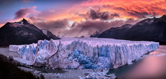glaciers Perito Moreno Argentina sunset sea mountains 2k