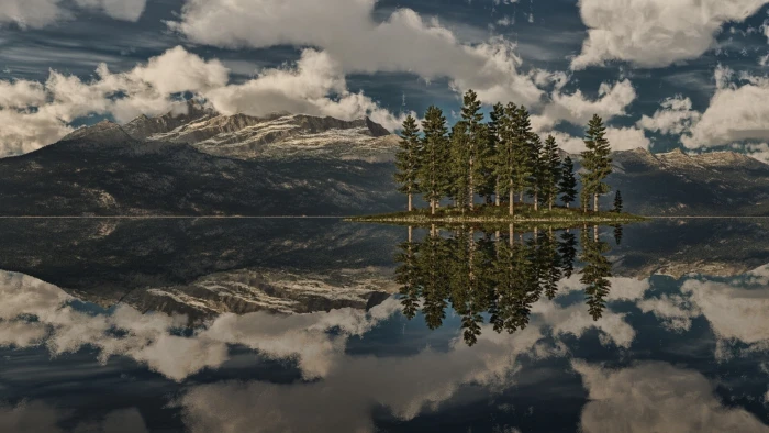 green leafed trees nature landscape clouds forest water 2k