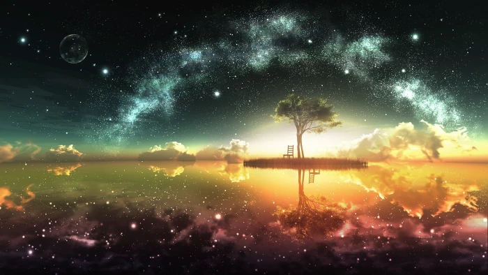 green tree with chair wallpaper sky lake fantasy art colorful 2k