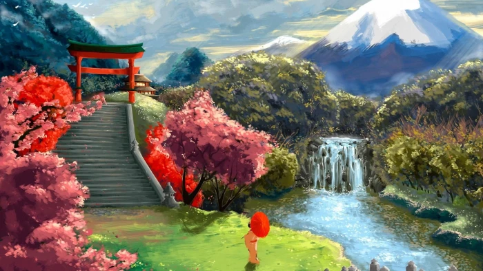 japanese garden blossom sky spring water resources 2k