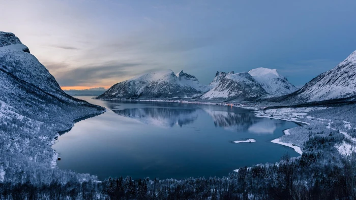 Mountains winter snow forest lake nature scenery 2k