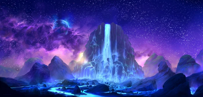 mountain and waterfall illustration digital art fantasy 2k