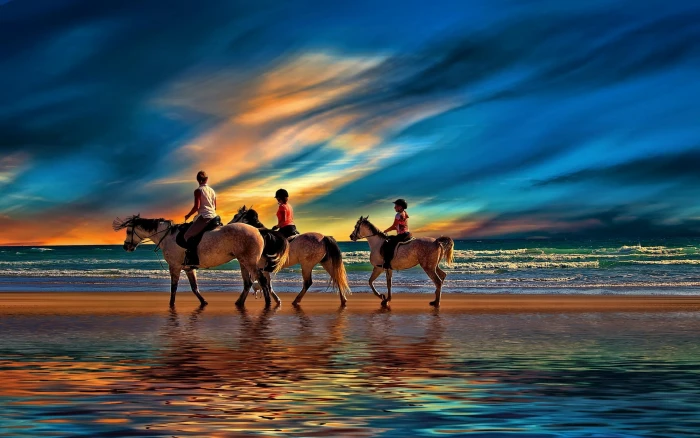nature landscape beach sunset sea clouds family horse 2k