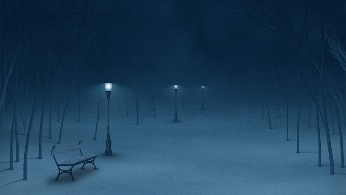 Night Lights Snow Bench Winter Tree Blue HD nature 2k