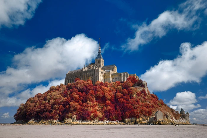 panorama photography of brown castle above hill covered with red leafed trees mont saint michel 2k