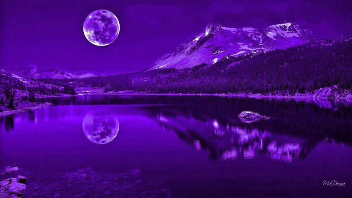 Purple Nights Reflection full moon mysterious lake mountains 2k