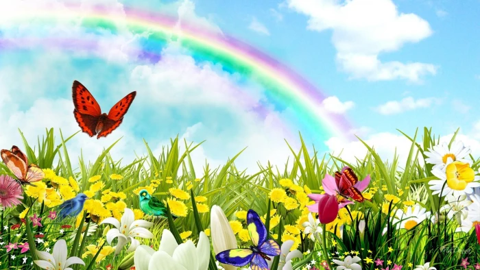 Rainbow Surprises flowers spring birds field butterflies 2k
