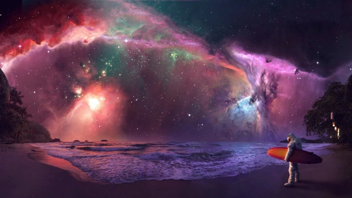 Sci Fi Landscape Astronaut Beach Cloud Nebula Purple 2k