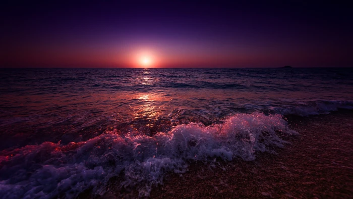 sea landscape beach sunset purple sky skyscape 2k