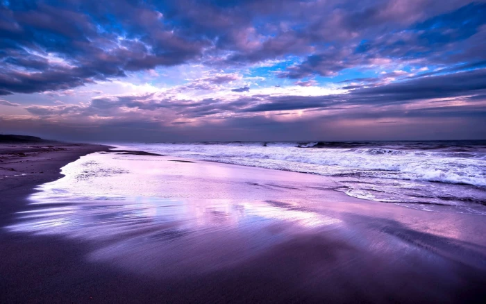 Sea ocean beach night sky clouds dusk 2k