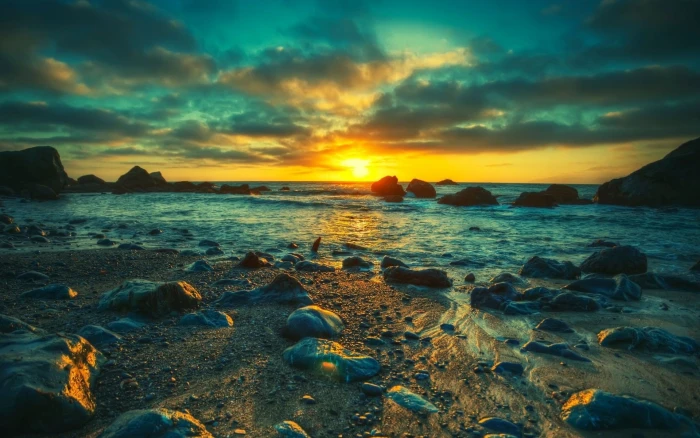 rocks near body of water HD wallpaper beach sunset sea nature 2k