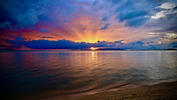 sea digital wallpaper photography sunset beach clouds cyan 2k