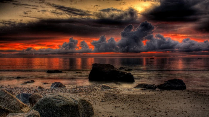 sea shore horizon sunset beach cloud evening 2k