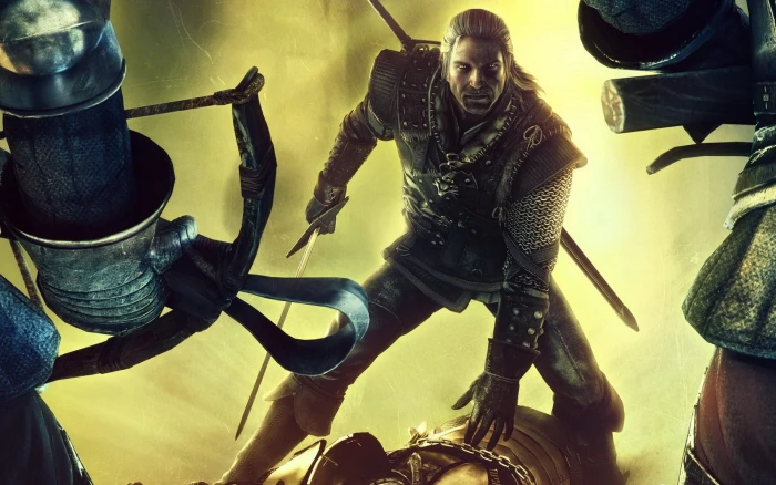 The Witcher digital wallpaper warrior bow sword look people 2k