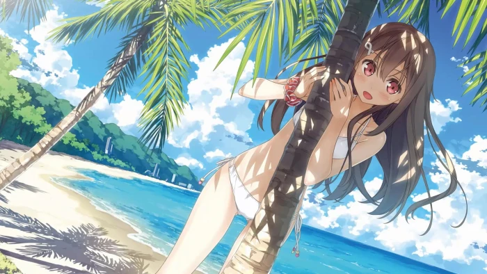 tree summer sky girl beach anime art palm 2k