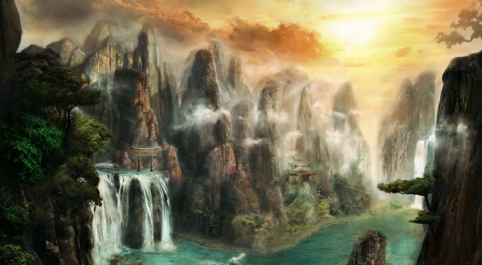 waterfall between mountain painting digital art fantasy 2k
