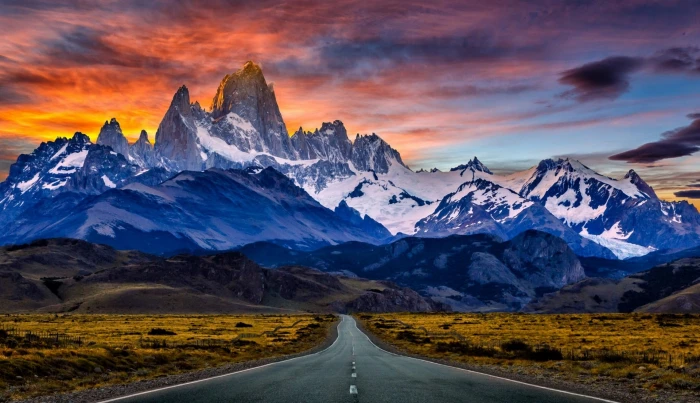 white and blue mountain painting nature landscape road mountains 2k