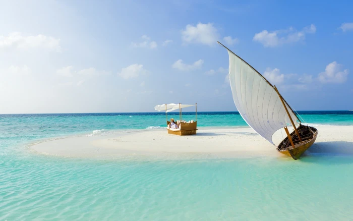 Wallpaper Maldives Beach Tropical Sea Sand Island Boat Summer 2k