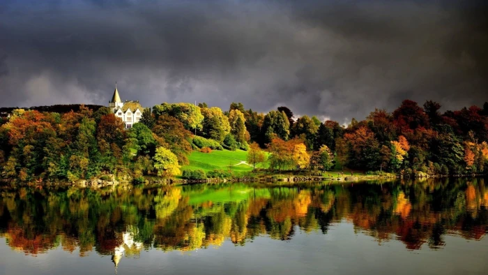white and brown house nature landscape water clouds lake 2k