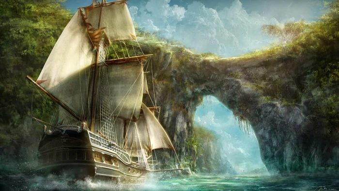 white and brown sailing boat painting fantasy art ship nature 2k
