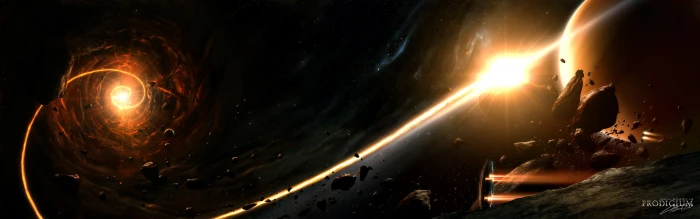 black and yellow cosmic wallpaper space planet asteroid spaceship 2k 4k