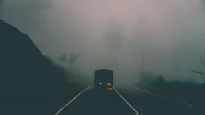 black vehicle in foggy road truck car haze mountain tree 2k 4k 5k