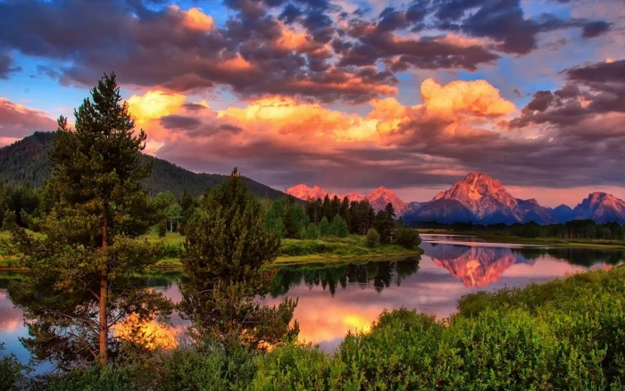 body of water and green leafed trees nature clouds river cloud sky 2k