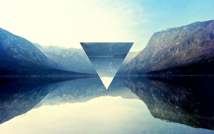 body of water and mountains triangle polyscape lake reflection 2k