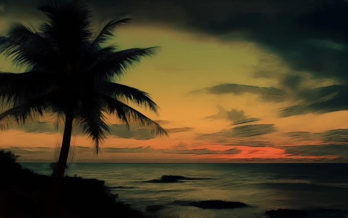 body of water painting beach sky palm tree sea tropical climate 2k