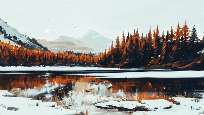 brown pine tree body of water covered with ice beside trees 2k