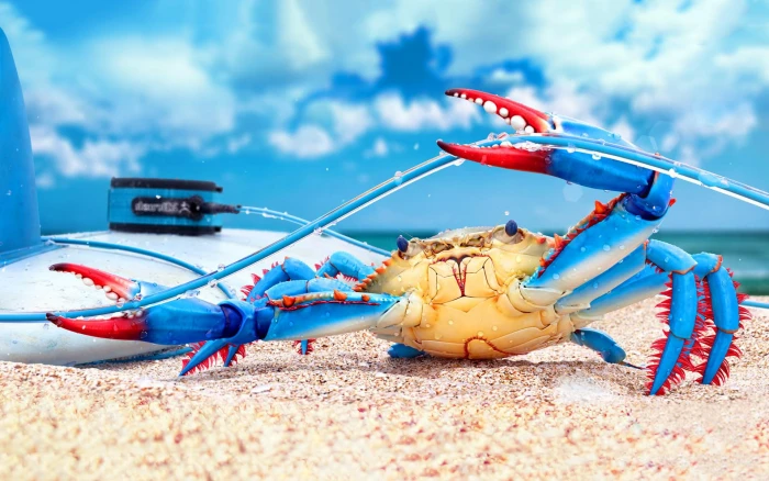 Colorful crab blue and red other animals beach 2k