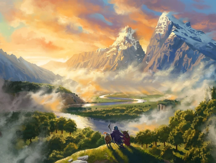 fantasy forest river sky trees landscape nature sunset 2k