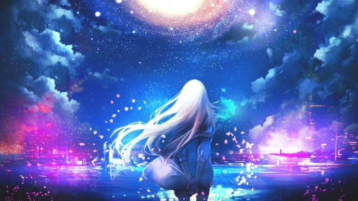 female anime character girls white hair long sky 2k