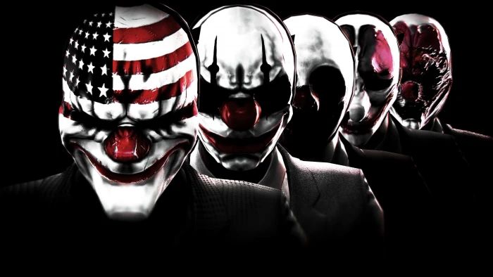 five Halloween masks video games Payday 2 indoors red men 2k
