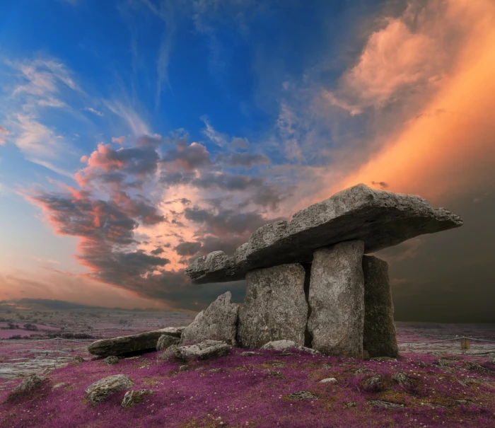 gray concrete stone piled up lavender Poulnabrone Dolmen 2k