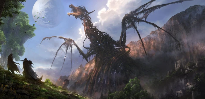 moon fantasy forest Dragon sky trees landscape nature 2k