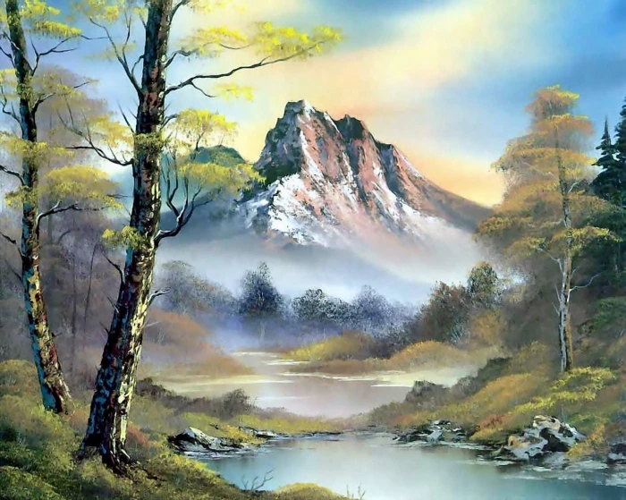 mountain scenery painting forest the sky water clouds trees 2k