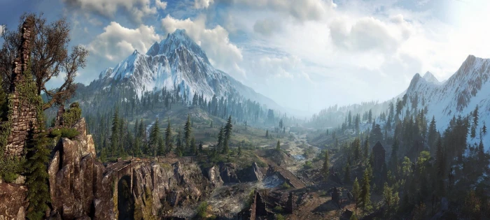 nature landscape mountain forest clouds mist digital art river snowy peak the witcher 3 wild hunt 2k