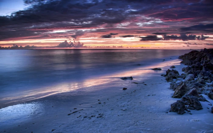 Nature Sea Sand Beach Rocks Clouds Sunset Water Reflection Landscape 2k