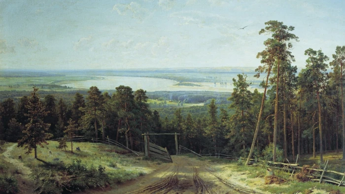 road between green trees painting landscape nature forest 2k